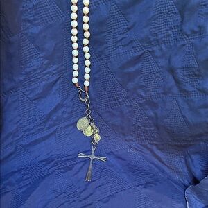 White Stone Bead Necklace with Silver Cross Pendant